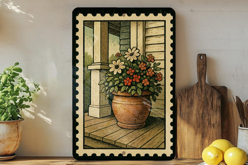 A framed painting depicting a potted plant with flowers is displayed on a shelf, accompanied by a wooden cutting board and a bunch of lemons.