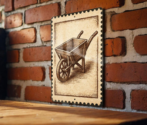 A wooden wheelbarrow is depicted on a brick wall, with a decorative border around it.