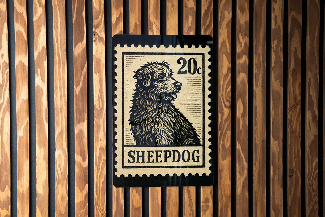 A black and white stamp-like design featuring a dog's head and the word "SHEPDOG" printed on a wooden background.