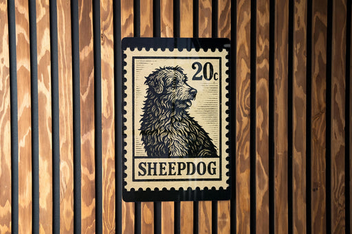 A black and white stamp-like design featuring a dog's head and the word "SHEPDOG" printed on a wooden background.