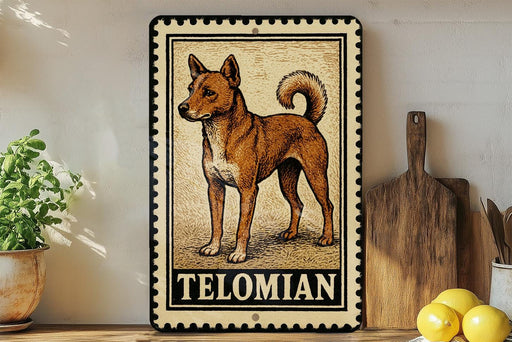 A metal sign with a drawing of a dog, labeled "TELOMIAN", is displayed on a shelf next to a wooden cutting board and some lemons.