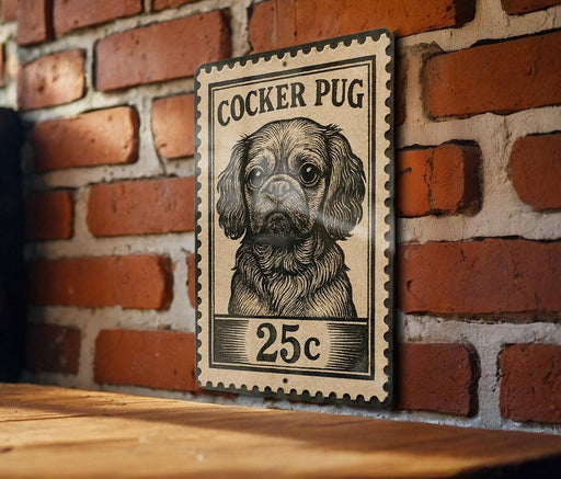A black and white illustration of a Cocker Puff dog on a wooden surface, mounted on a brick wall.