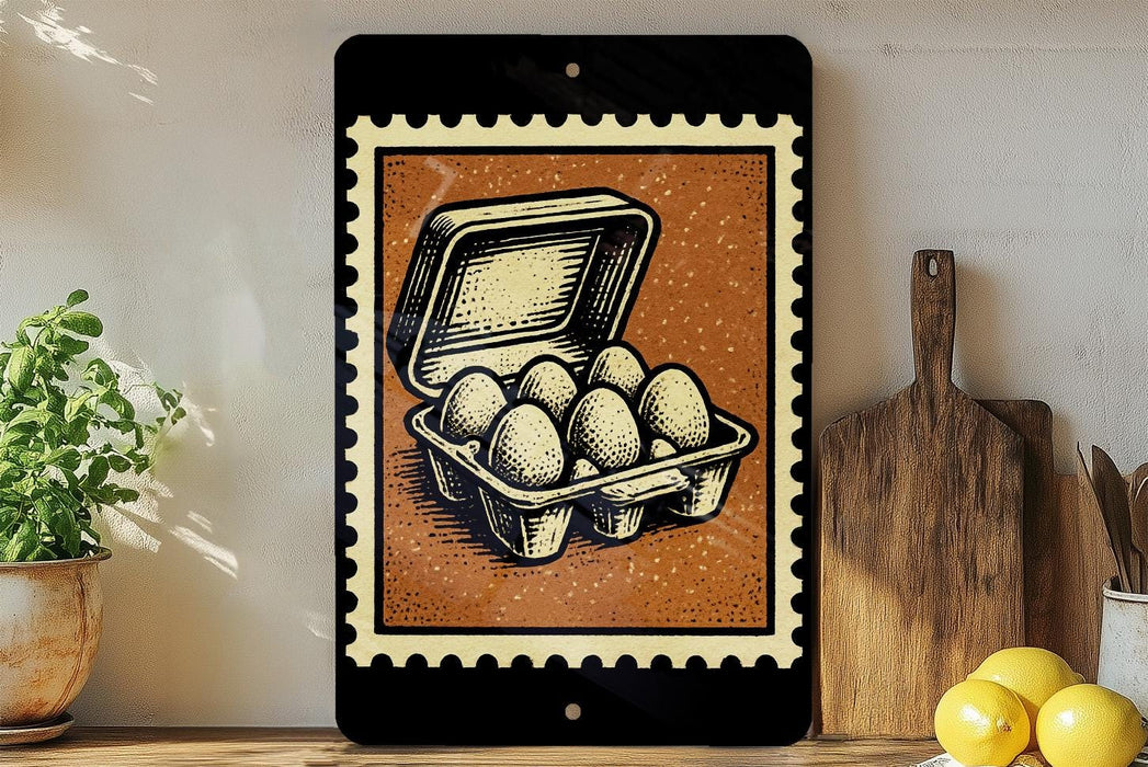 a framed illustration of a carton of eggs on a shelf, with a wooden cutting board and a potted plant nearby.