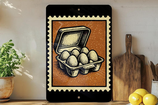 a framed illustration of a carton of eggs on a shelf, with a wooden cutting board and a potted plant nearby.