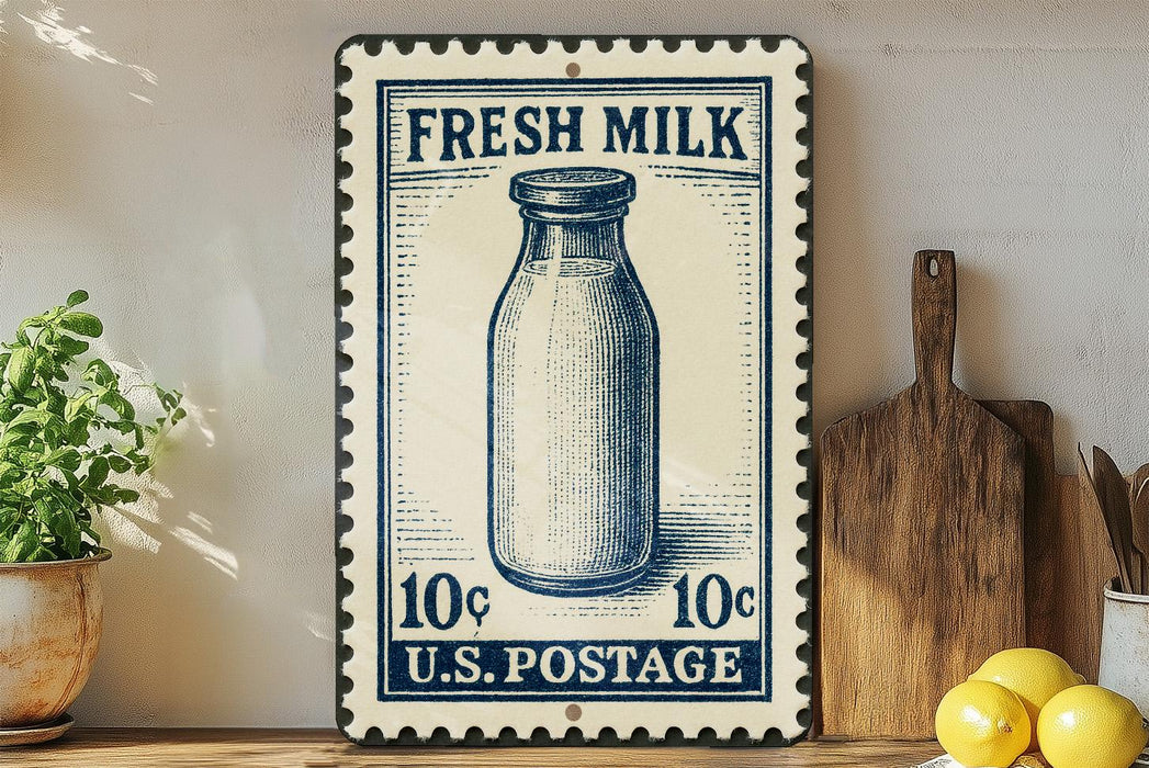 A vintage-style stamp depicting a glass milk bottle, with the text "FRESH MILK" and "10¢ U.S. POSTAGE" printed on it. The stamp is placed on a shelf next to a wooden cutting board and a potted plant.