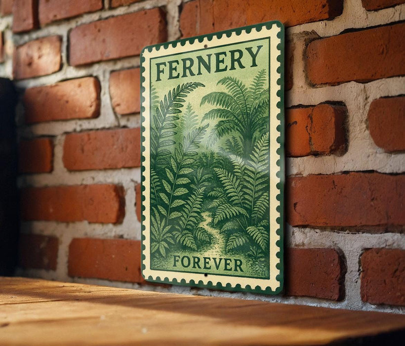 a green and white metal sign with the word "Fernery" on it, hanging on a brick wall.