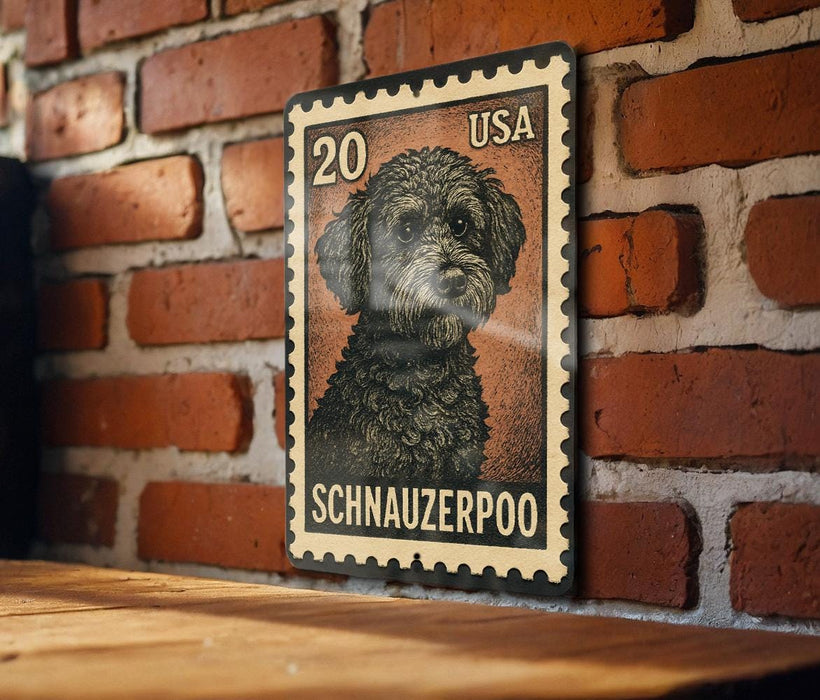 A 20-cent US postage stamp featuring a Schnauzer dog is displayed on a brick wall.