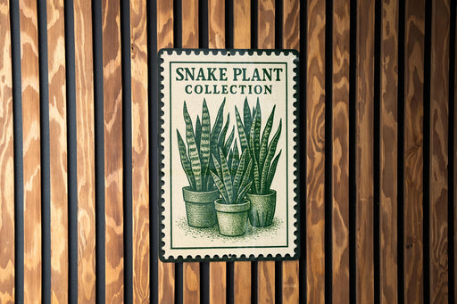 A metal sign with a snake plant illustration is mounted on a wooden wall.