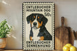 a metal sign with a picture of a dog, placed on a wooden surface next to a wooden cutting board and some lemons.