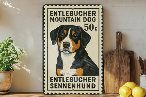 a metal sign with a picture of a dog, placed on a wooden surface next to a wooden cutting board and some lemons.