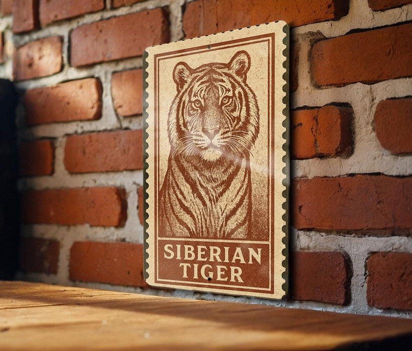 A wooden table with a framed image of a tiger on it, mounted on a brick wall.