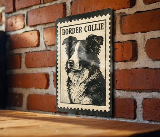 A metal sign featuring a black and white illustration of a Border Collie dog is mounted on a brick wall.