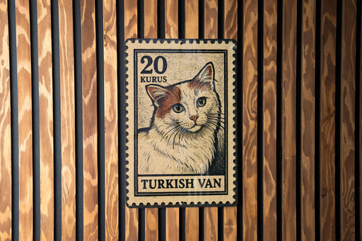 A Turkish postage stamp featuring a cat is displayed on a wooden wall.