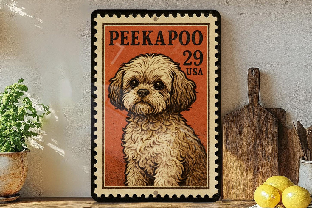 A framed illustration of a small dog, likely a Pekingese, is displayed on a shelf next to a wooden cutting board and some lemons.