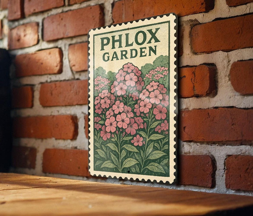 A vintage-style stamp with a floral illustration is displayed on a brick wall, featuring the text "PHLOX GARDEN".