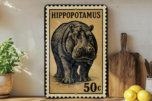 A vintage-style postage stamp featuring a hippopotamus, with the text "HIPPOPOTAMUS" and the denomination "50c". The stamp is displayed on a shelf next to a wooden cutting board and a potted plant.