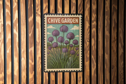 A vintage-style metal sign with a floral illustration of purple flowers is mounted on a wooden wall.