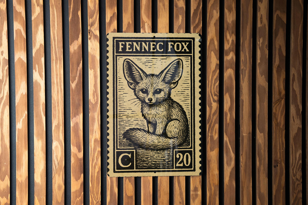 a close-up of a stamp or postcard with a fennec fox illustration on it, mounted on a wooden wall.