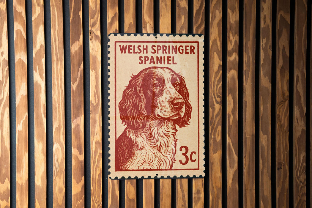 A Welsh Springer Spaniel dog is depicted on a postage stamp, which is affixed to a wooden wall.