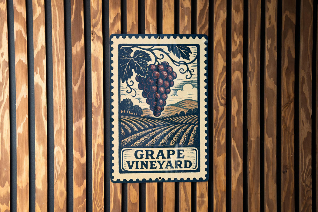 A vintage-style metal sign with a grape vineyard illustration and the text "GRAPE VINEYARD" is displayed on a wooden wall.