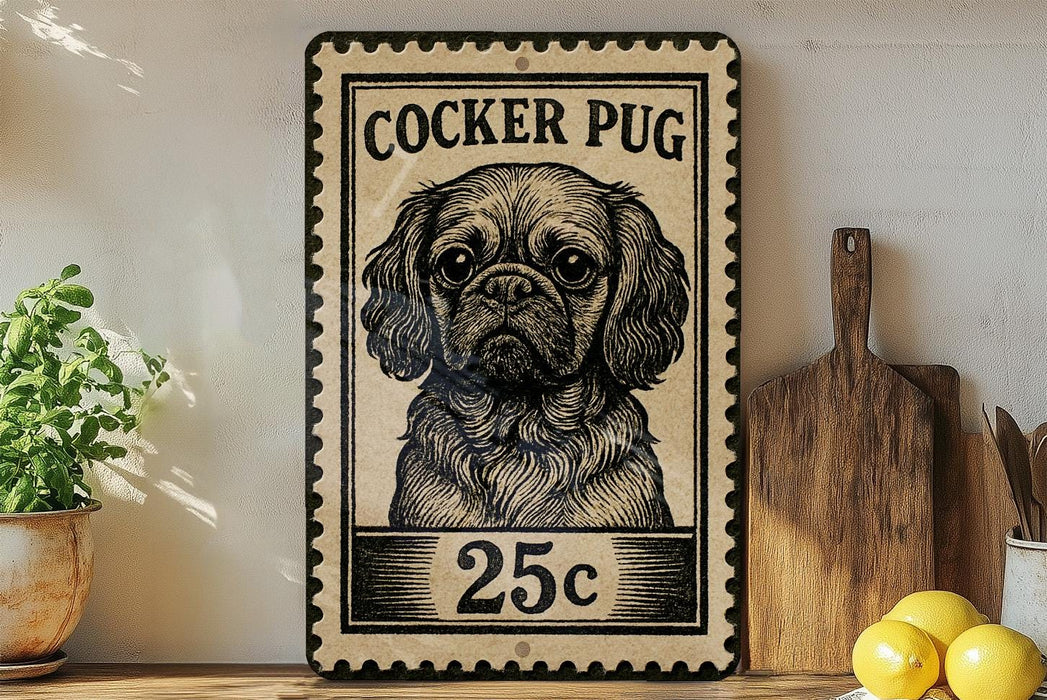 A vintage-style stamp featuring a Cocker Puff dog, with the text "COCKER PUG" and the denomination "25c" printed on it. The stamp is displayed on a shelf next to a wooden cutting board and some potted plants.