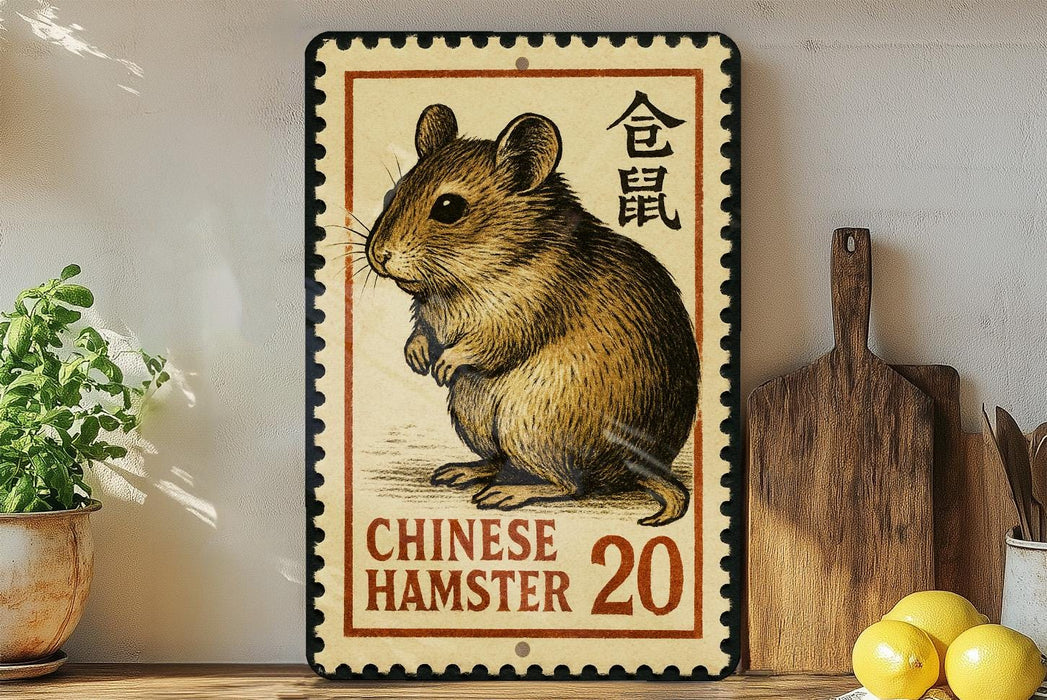 A metal sign featuring a hamster, with Chinese characters and the number 20 below it, is displayed on a shelf next to a wooden cutting board and some lemons.