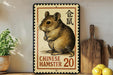 A metal sign featuring a hamster, with Chinese characters and the number 20 below it, is displayed on a shelf next to a wooden cutting board and some lemons.