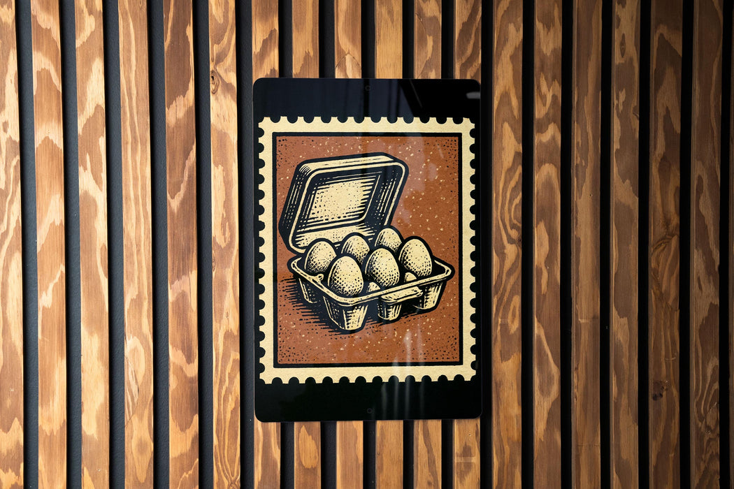 a wooden wall with a framed illustration of a carton of eggs.