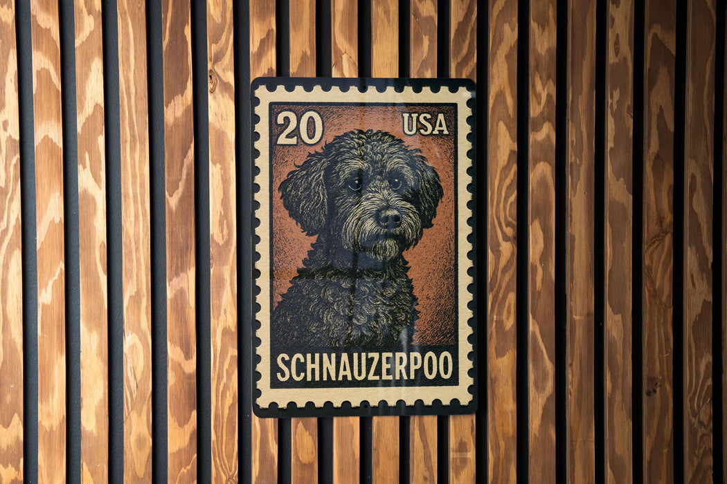 A 20 US postage stamp featuring a black Schnauzer dog.