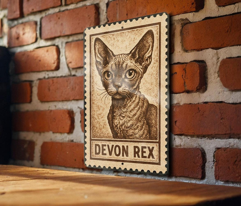a wooden table with a framed picture of a Devon Rex cat on it, mounted on a brick wall.
