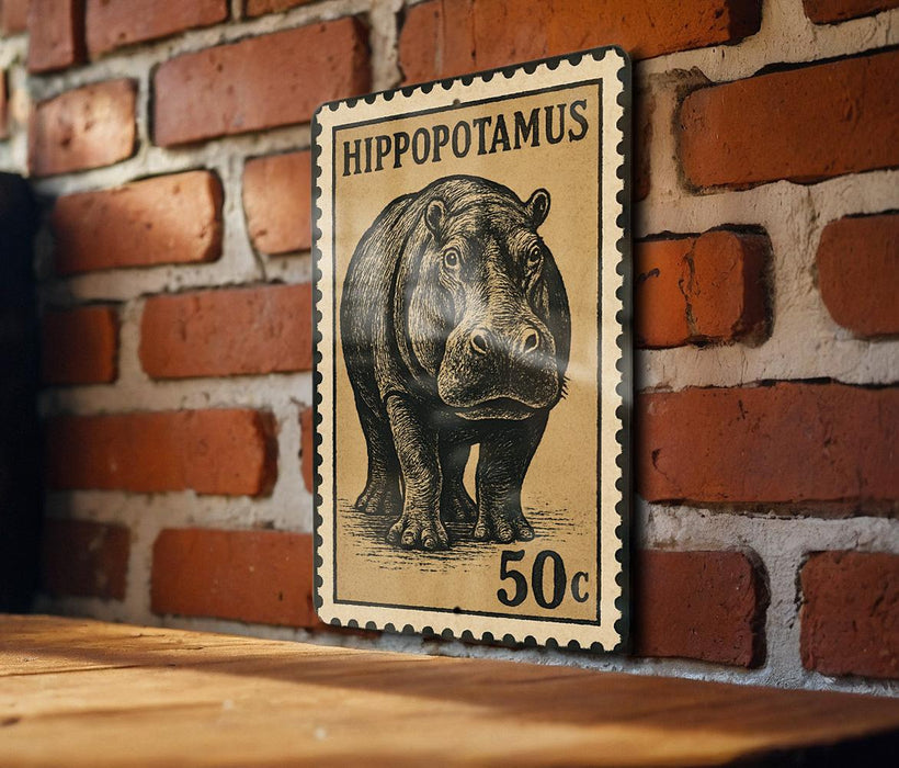 A vintage postage stamp featuring a hippopotamus illustration is displayed on a brick wall.