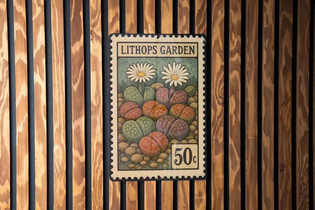 A postage stamp from the Lithops Garden, featuring a colorful illustration of various plants and flowers.