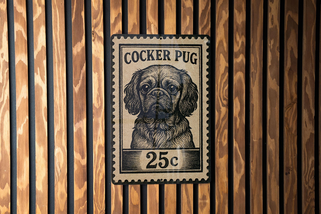 A black and white postage stamp featuring a Cocker Puff dog, with the text "COCKER PUG" and "25c" printed on it.