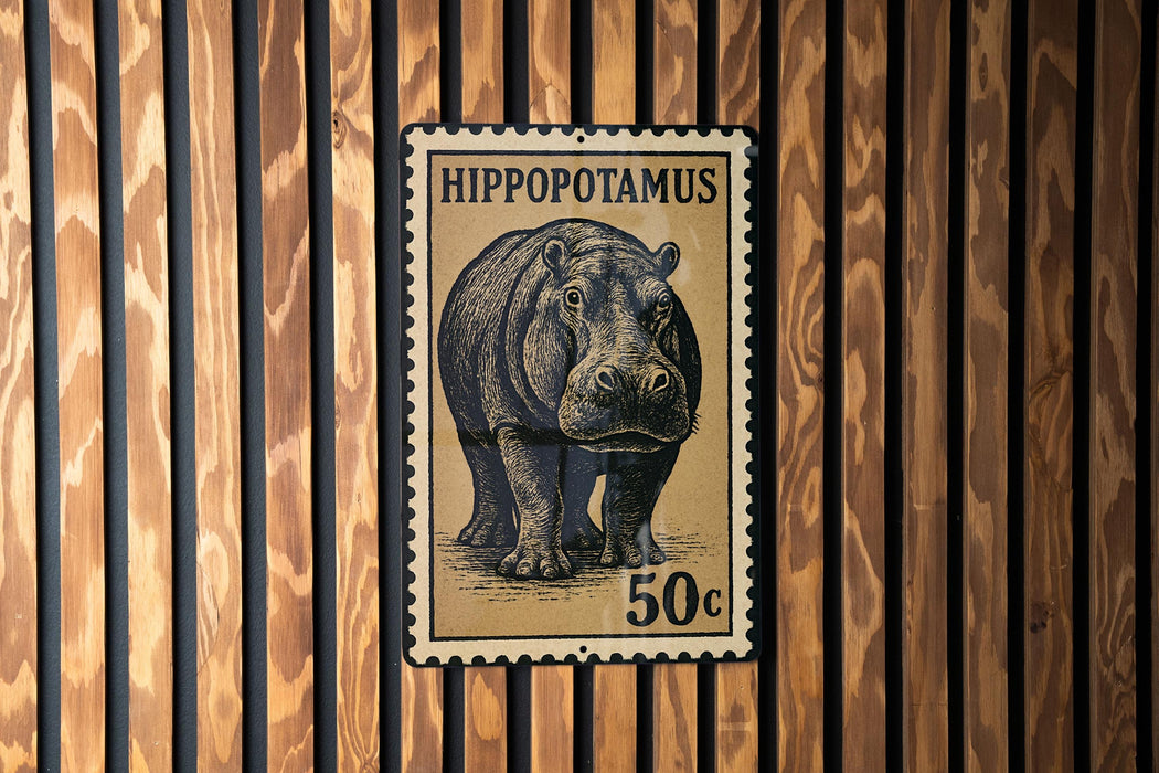 A metal stamp depicting a hippopotamus, with the text "HIPPOPOTAMUS 50c" printed on it.