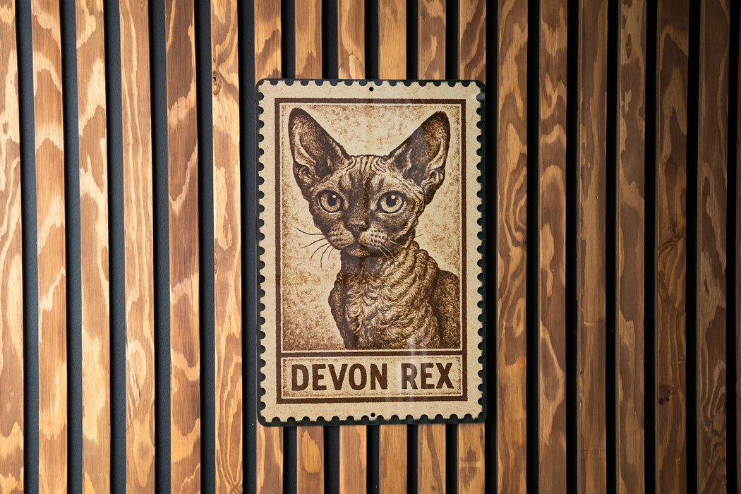A metal stamp featuring a cat's portrait is displayed on a wooden wall.