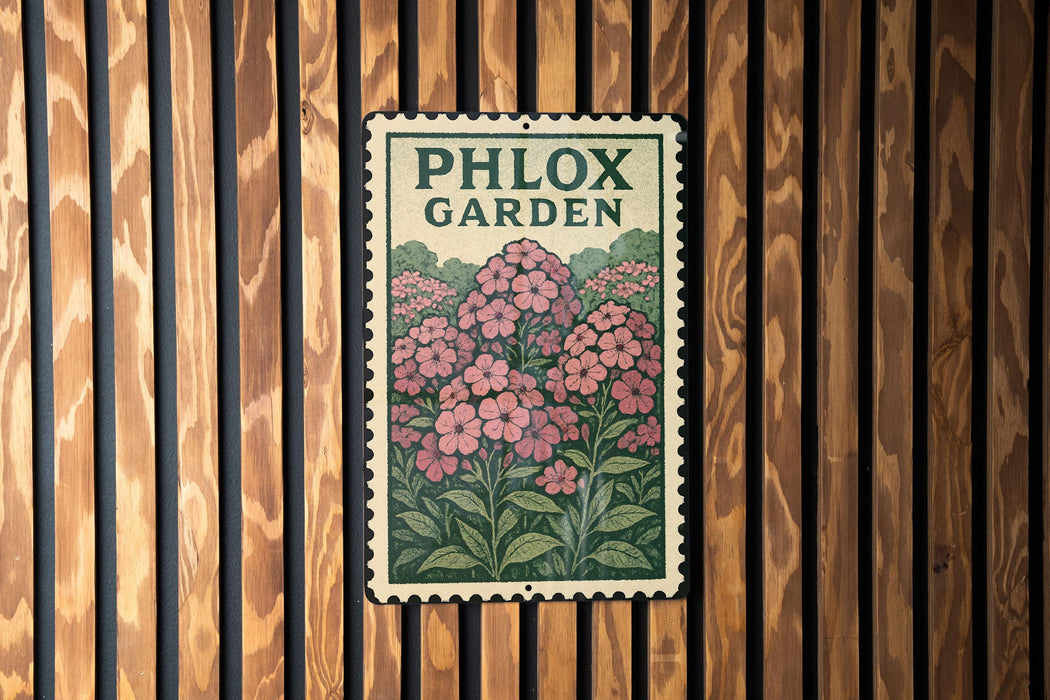 A vintage-style metal sign with a floral illustration is mounted on a wooden wall.