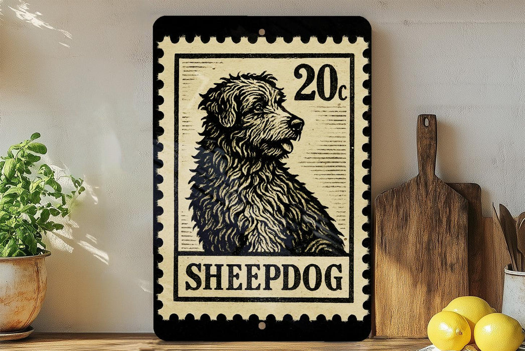 A metal sign with a black and white illustration of a dog, resembling a postage stamp, is displayed on a shelf next to a wooden cutting board and some lemons.