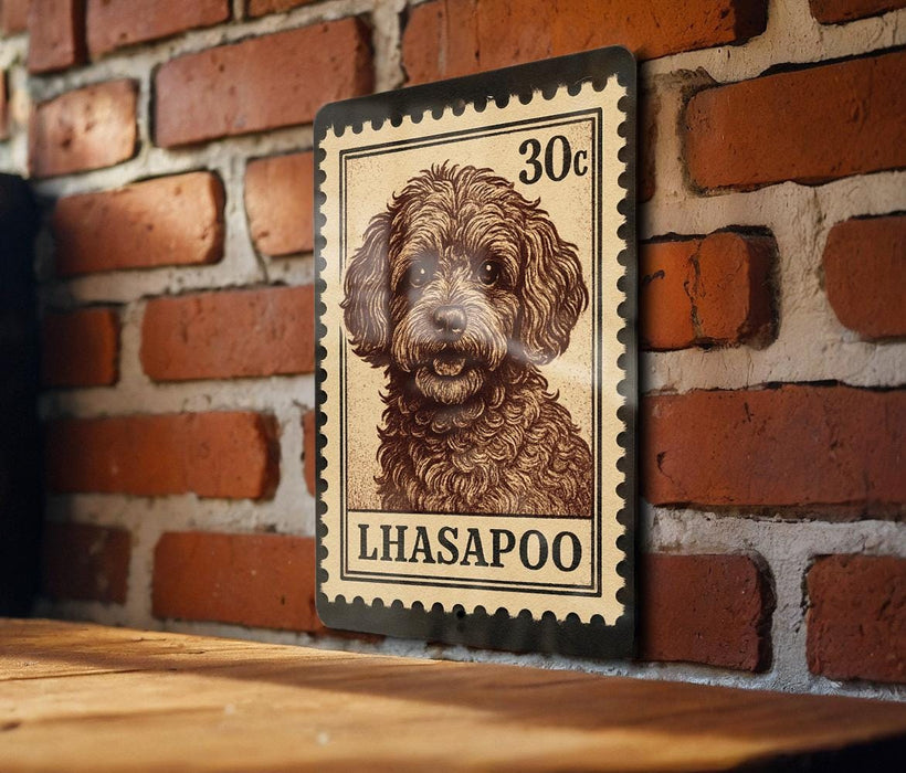 A metal stamp featuring a dog's portrait on a brick wall.