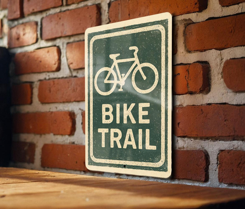 A green and white sign with a bicycle symbol is mounted on a brick wall, indicating a bike trail.
