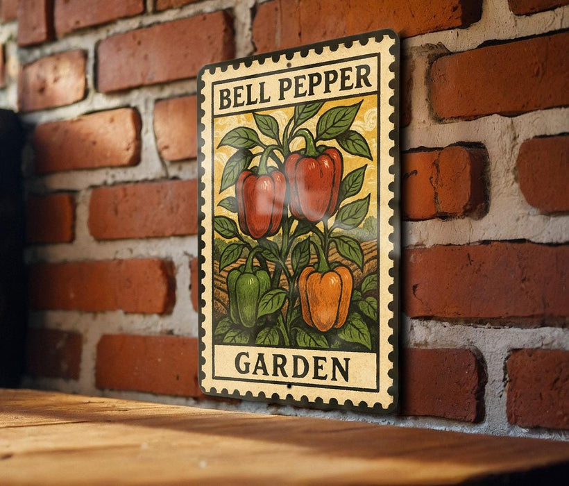 A vintage-style metal sign with a bell pepper illustration is mounted on a brick wall, displaying the text "BELL PEPPER GARDEN".