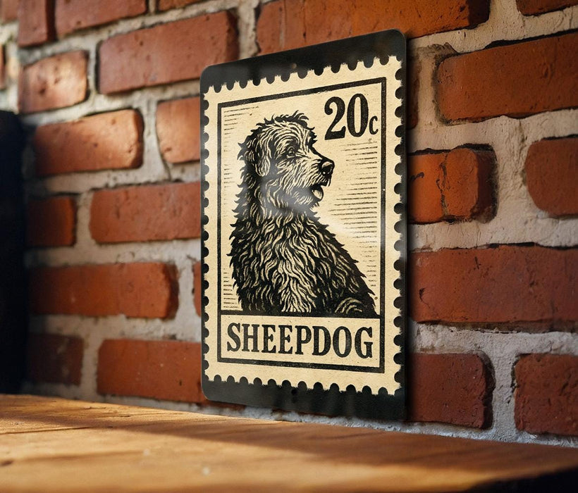 A black and white illustration of a dog, resembling a sheepdog, is mounted on a brick wall.