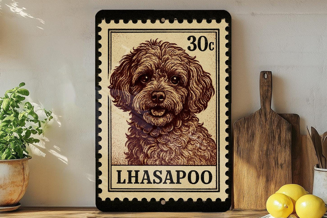 A framed image of a poodle dog, with a stamp-like border, is displayed on a shelf next to a wooden cutting board and some lemons.