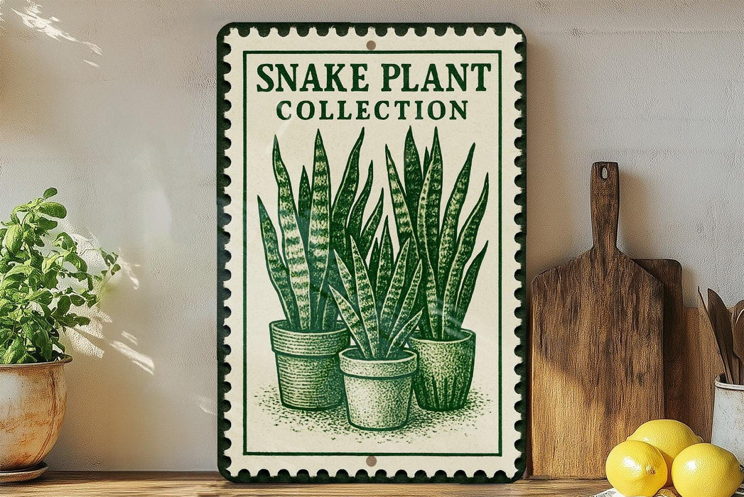 a decorative sign with a drawing of potted snake plants, placed on a wooden surface next to a wooden cutting board and some lemons.