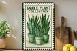 a decorative sign with a drawing of potted snake plants, placed on a wooden surface next to a wooden cutting board and some lemons.