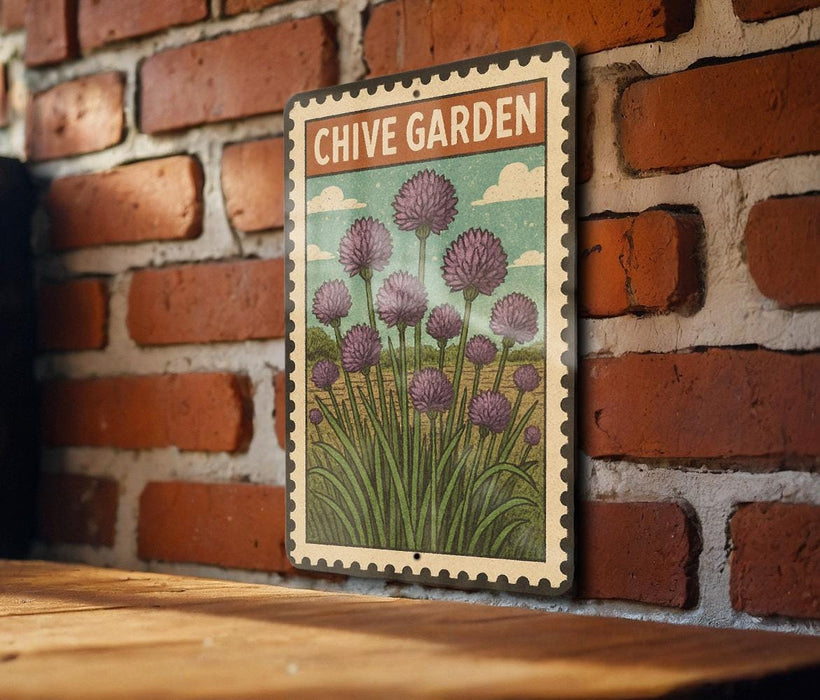 A vintage-style metal sign with a chive garden illustration is mounted on a brick wall.