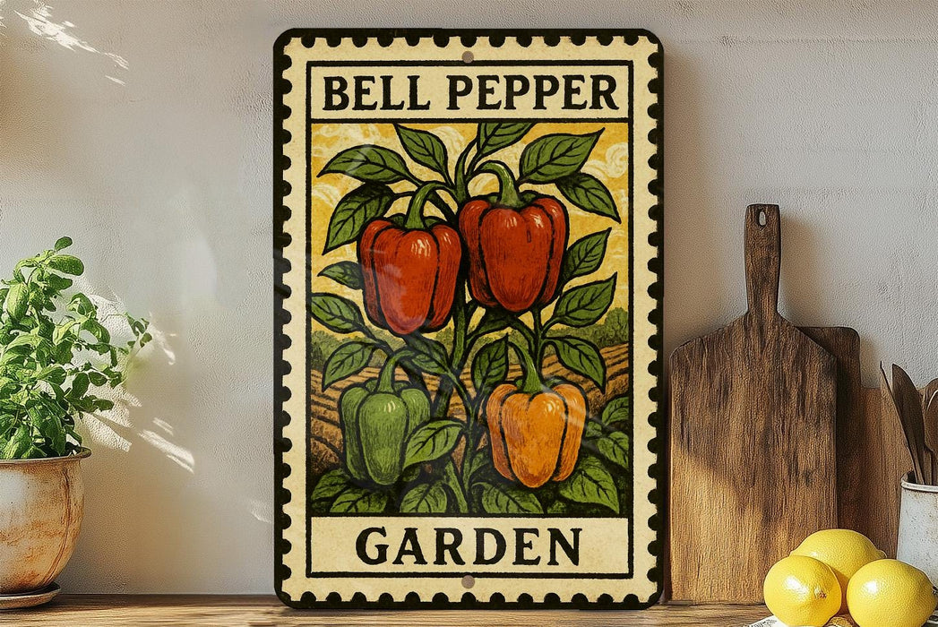 A metal sign with a colorful illustration of bell peppers and a garden setting, placed on a wooden shelf next to a potted plant and kitchen utensils.
