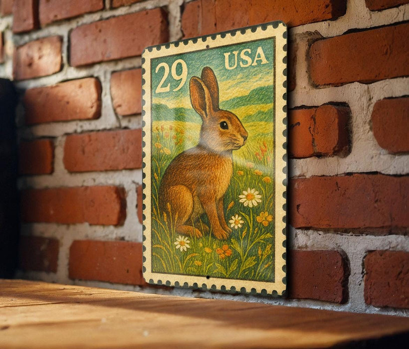 A wooden table with a brick wall in the background, and a framed image of a rabbit on the wall.