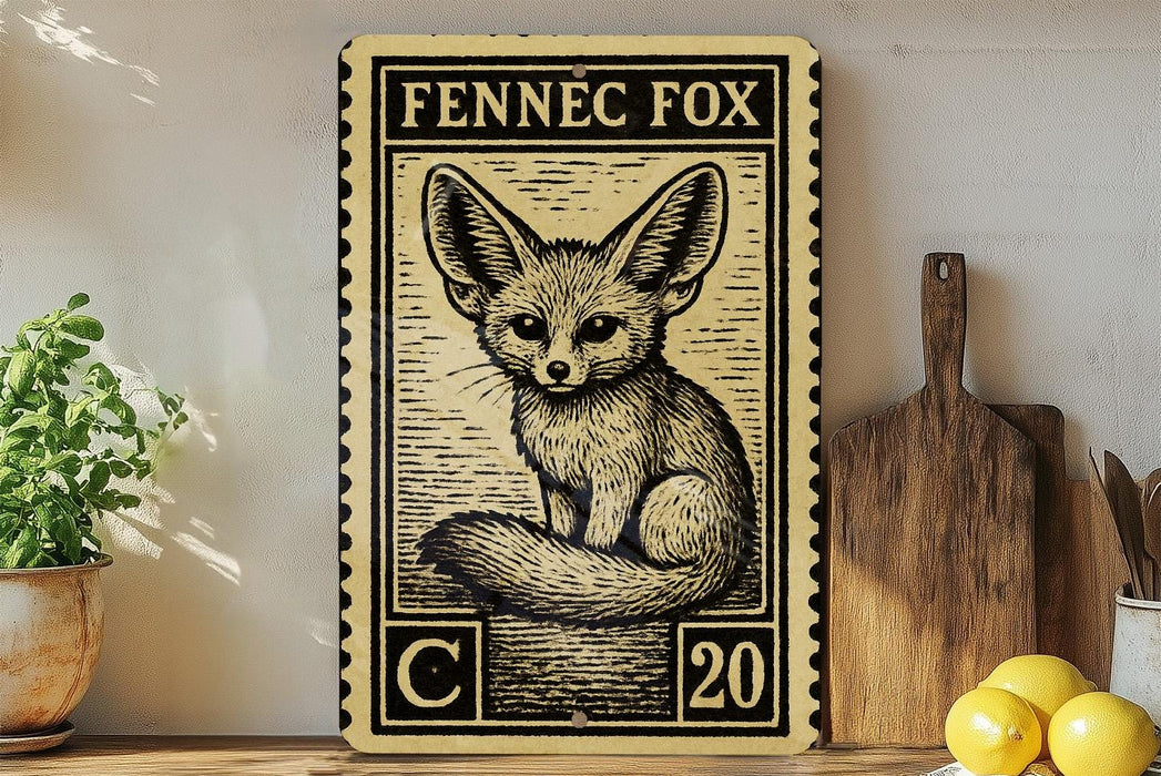 a metal sign with a fox illustration, placed on a wooden surface next to a potted plant and a wooden cutting board.