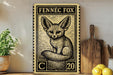 a metal sign with a fox illustration, placed on a wooden surface next to a potted plant and a wooden cutting board.