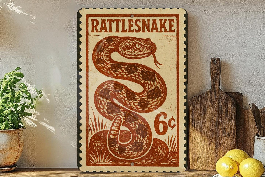 a vintage-style sign with a snake design, placed on a wooden surface next to a wooden cutting board and some lemons.